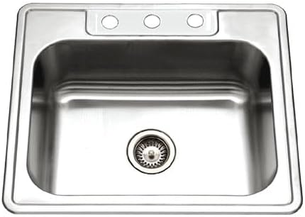 Houzer Glowtone Stainless Steel Kitchen Sink: 25 Inch Drop-in Topmount 3-Hole Single Bowl with Strainer, Durable & Versatile, Essential for Home & Apartment: 2522-8BS3-C