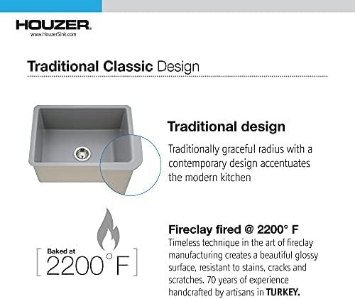 Houzer PTU-2800 GR Platus Fireclay Undermount 26" Single Bowl Kitchen Sink, Grey
