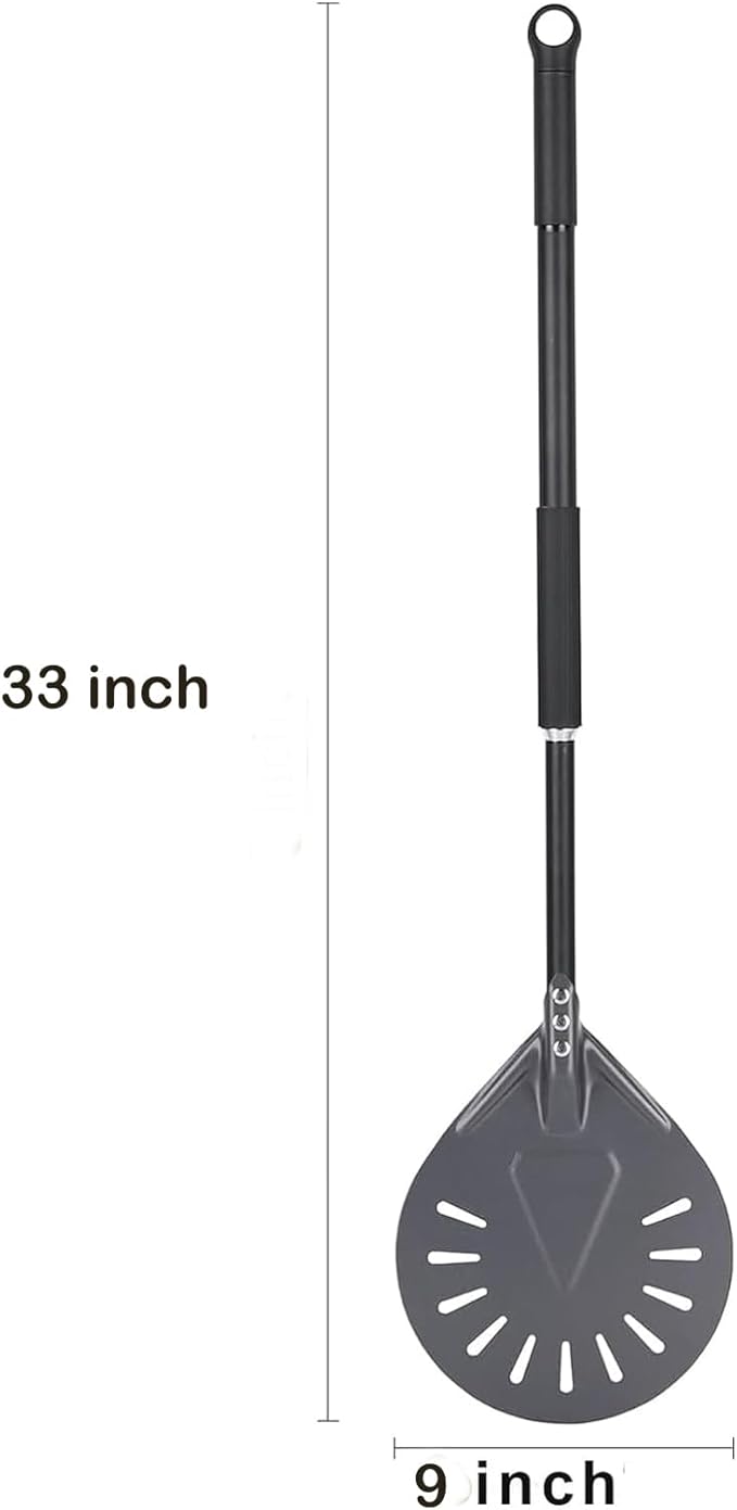 Pizza Turning Peel - 9 Inch Aluminum Perforated Pizza turner with 33 Inch Long handle Lightweight, Metal Pizza Peel for Outdoor Pizza Oven Accessories