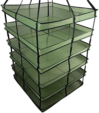 Grow1 XL Square Drying Rack 6-Layer 32x32in Collapsible Mesh Herb and Flower Hanging Dryer with Carrying Case and Center Support Strap