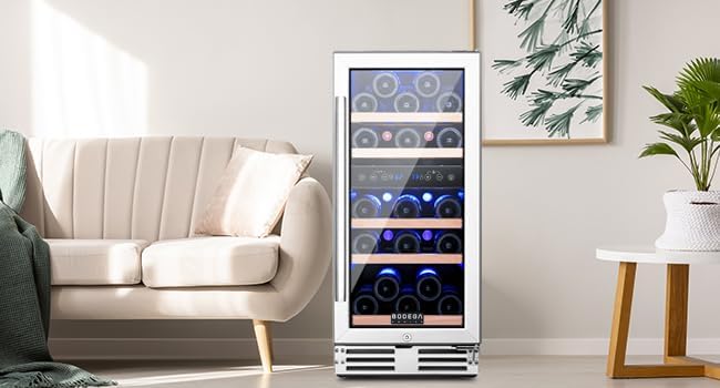 BODEGA 15 Inch Wine Cooler Under Counter, 30 Bottles Dual Zone Wine Fridge, with Double-Layer Glass Door, Temperature Memory and Digital Temperature Control, Built-in or Freestanding