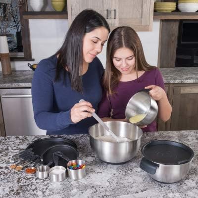 AVACRAFT 18/10 Stainless Steel Mixing Bowls with Lids, non slip silicone base bowls with Handle, Mixing Bowl Set with Pour Spouts & Measurement Marks, Home Essentials Cooking Bowls, (Black)