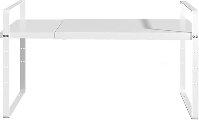 Redrubbit Expandable Cabinet Shelf Organizers, Stackable Kitchen Counter Shelves Spice Rack for Kitchen Bathroom Pantry Cupboard Desk Home Office, Metal Plate Heavy Duty Nonslip, White