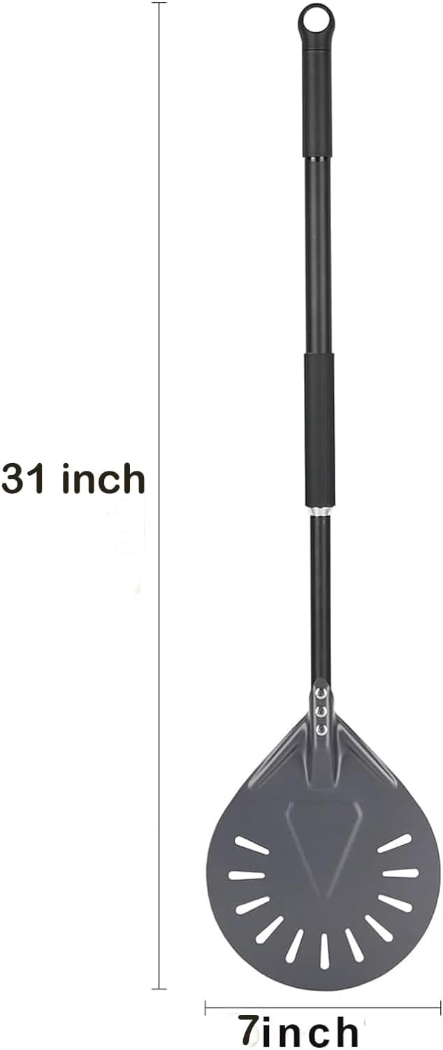 Pizza Turning Peel - 7 Inch Aluminum Perforated Pizza turner with 31 Inch Long handle Lightweight, Metal Pizza Peel for Outdoor Pizza Oven Accessories