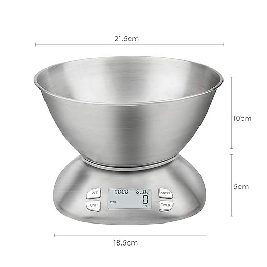 Digital Kitchen Scale with Removable Bowl 2.5L Volume, Electronic Stainless Steel Food Scale for Cooking Baking, Room Temperature, Alarm Timer, 12lb 5.5kg, Batteries Included