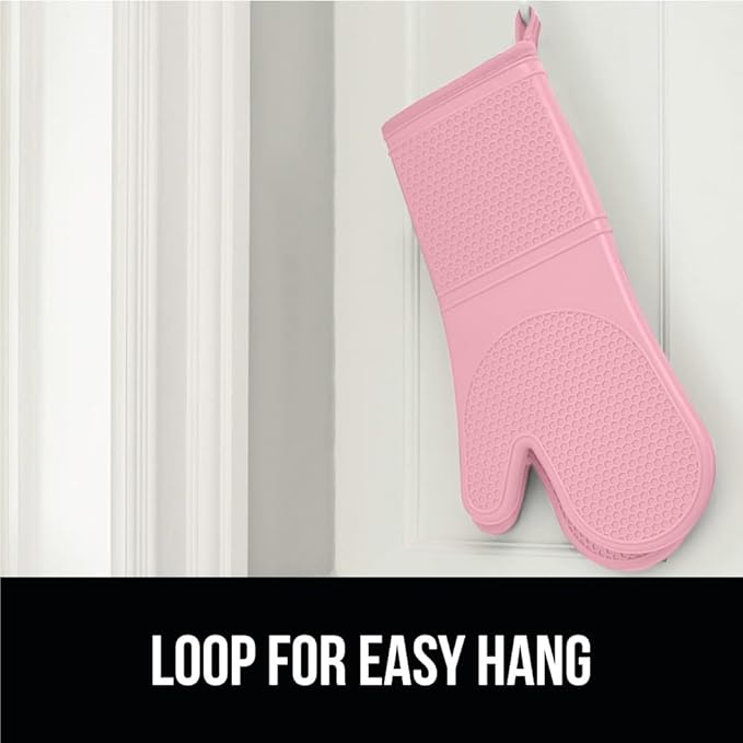 GORILLA GRIP BPA-Free Soft Silicone Oven Mitts, 14.5x8.3, Heat Resistant and Waterproof Cooking Gloves, Thick Cotton Lining, Flexible Gripping for Baking Grilling, Kitchen Potholders Set of 2, Pink