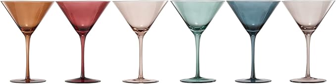 Colored Martini & Cocktail Crystal Glasses - 10oz | Set of 6 | Cute Pastel Muted Crystal Cocktail Glassware, Unique Gift Wife, Her, Mom, Friend Cocktails, Red & White Tall Stemmed Drinkware, Gifts