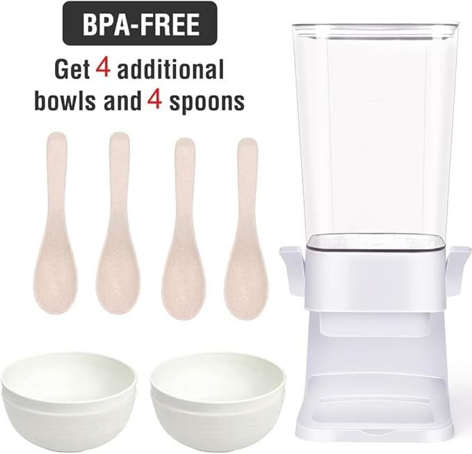 Cereal Dispenser Countertop with 4 Pack Bowls and Spoons 5.5 Qt Large Cereal Storage Container Holder for Pantry Dry Food Nut Dispenser Snack Candy Organizer Kitchen Organization for Oatmeal Granola