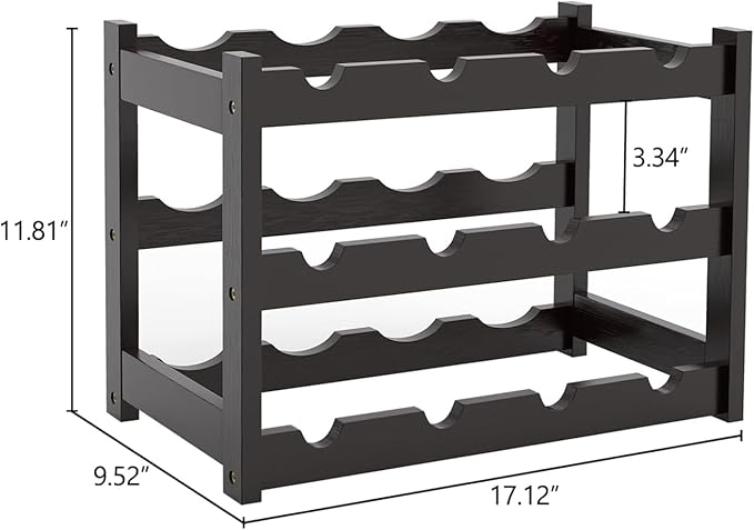 Bamboo Wine Rack Countertop, 3-Tier 12 Bottles Wine Storage Shelf for Kitchen Pantry Cabinet - Dark Brown