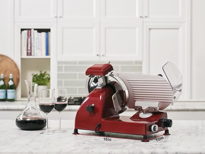 10" Premium Chromium-plated Steel Blade Electric Deli Meat Cheese Food Slicer with Serving Plate Commercial and for Home use 240W Classic Red