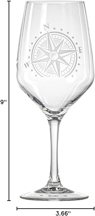 Rolf Glass Compass Star All Purpose Wine Glass | 19.5 Ounce Stemmed Wine Glass | Set of 4 Lead-Free Glassware | Nautical-Themed with Intricate Compass Star Design