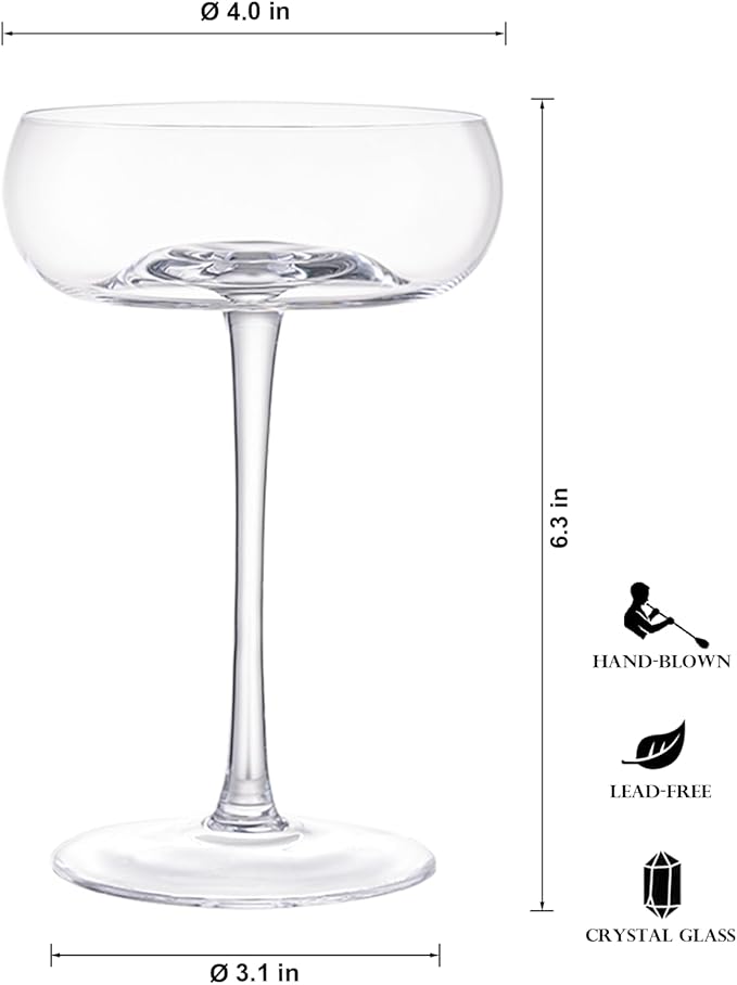 Handmade Coupe Glasses Set of 4 – 8.5oz Crystal Cocktail Glasses with Unique Convex Base, Elegant Coupe Glassware for Margarita, Martini, Champagne, Manhattan & Cocktails