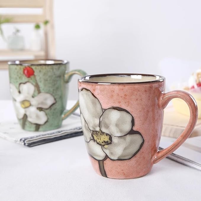 (Coffee mugs set of 4 + 4 Spoons) Hand-painted vintage style,Ceramics 12oz Cappuccino Mug,Tea mugs,Coffee cups,Microwave and Dishwasher Safe, Perfect For Espresso, Latte - Porcelain Mugs for cafe