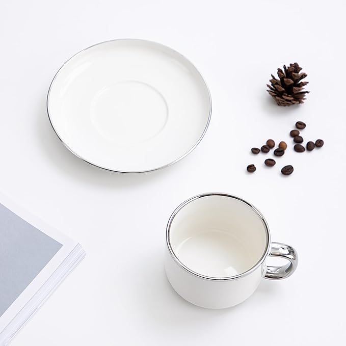 Tea Cups and Saucers with Silver Trim, 6.76 Ounce White Porcelain Tea Set & Coffee Cups for Latte, Cafe Mocha - Set of 4, Porcelain Mugs for Kitchen or Cafe (White and Silver)