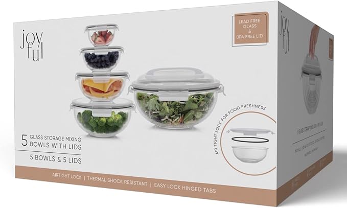 JoyJolt Kitchen Mixing Bowls. 5pc Glass Bowls with Lids Set – Neat Nesting Bowls. Large Mixing Bowl Set incl Batter Bowl, Cooking Bowls, Storage Bowls with Lids and Big Salad Bowl with BPA-Free Lids