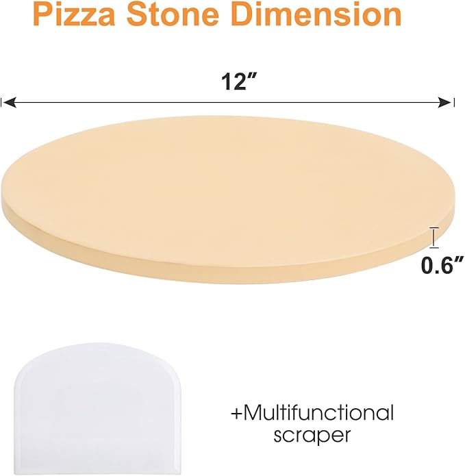 Small 12 inch Round Pizza Stone,for RV Camper Oven,Round baking stone Grill,Can make pizza, bread, pies,BBQ, Durable and Safe, Give away Plastic Scraper