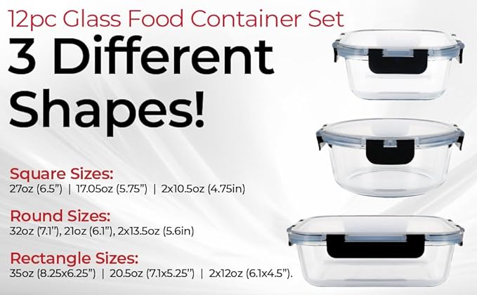 Magic Mill Premium Borosilicate Glass Food Storage Containers with lids Set | 24pc Sets with 12 Bowls & 12 Airtight Locking Lids for Lunch & Meal Prep, Safe for Oven, Freezer, Dishwasher, BPA-Free