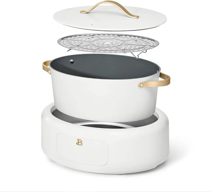 Beautiful 10-in-1 Electric Multi-Cooker by Drew Barrymore, 6-quart, digital display, 10 cooking functions, non-stick pot, easy one-touch control (White Icing)