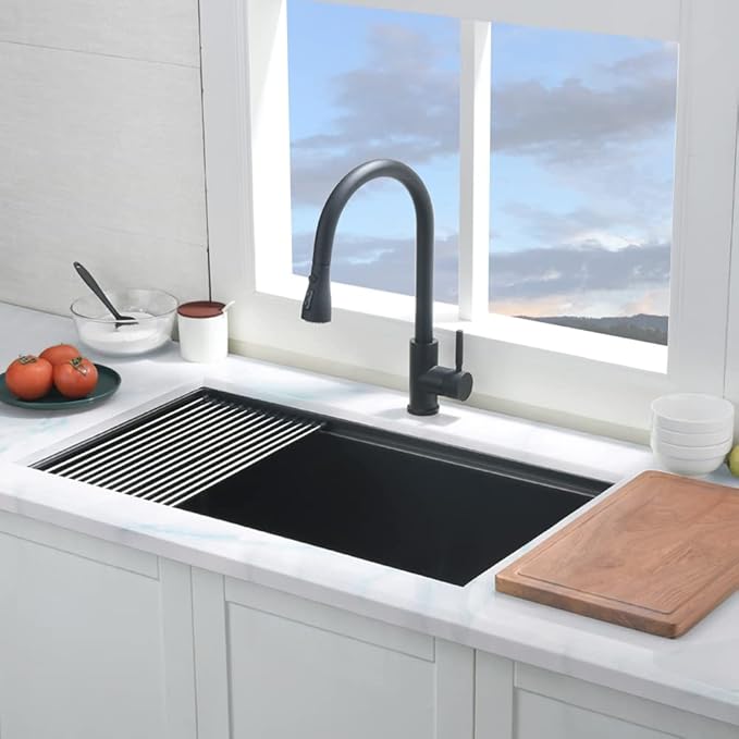 30 Inch Undermount Kitchen Sink Black Stainless Steel Deep Commercial 16 Gauge Single Bowl Undermount Workstation Sink
