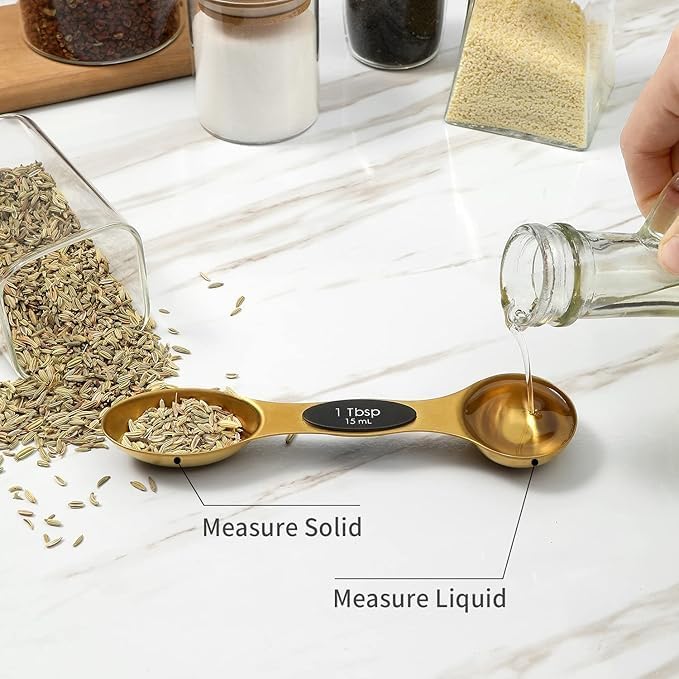 Gold Magnetic Measuring Spoons Set – Stainless Steel Stackable Spoons with Leveler, Fits in Spice Jars – Baking & Kitchen Essentials
