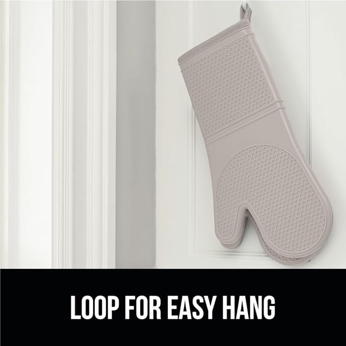 GORILLA GRIP BPA-Free Soft Silicone Oven Mitts, Heat Resistant and Waterproof Cooking Gloves, Thick Cotton Lining, Flexible Gripping for Baking Grilling, Kitchen Potholders Set of 2, 12.5x8.3, Almond