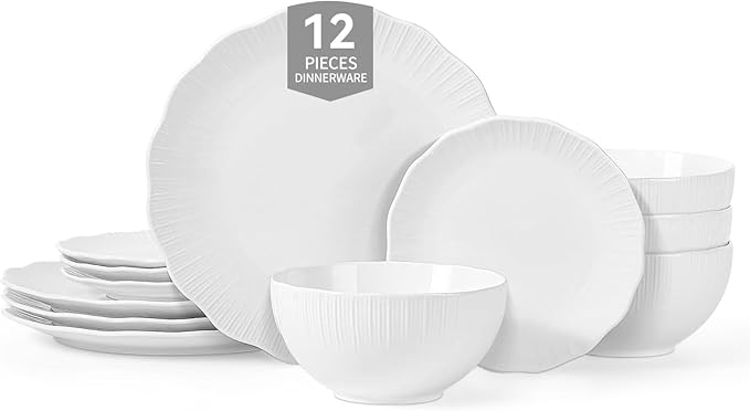 12 Pcs Porcelain Dinnerware Sets for 4, Ceramic Plates and Bowls Sets with Embossment, Oven, Dishwasher and Microwave Safe - Scratch Resistant Dish Set, QOMO-1996