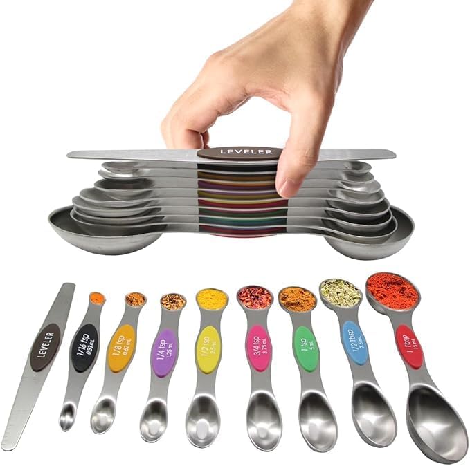 Magnetic Stainless Steel Measuring Spoons Set with Leveler – Stackable Kitchen Tools for Baking & Cooking, Multi-Color