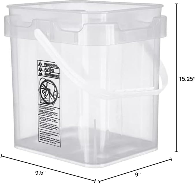 House Naturals 4 Gallon Food Grade Plastic Square clear bucket pail with lid container (Pack of 3) Made in USA- BPA Free