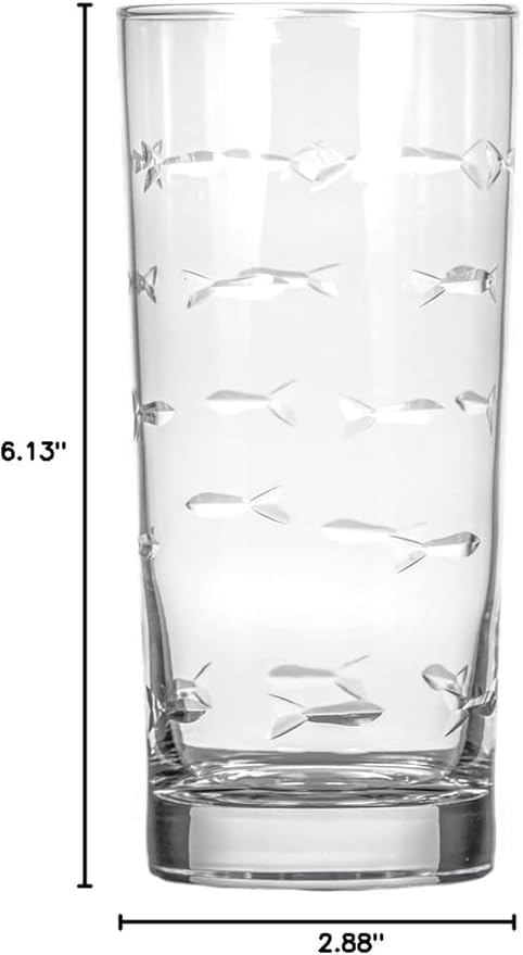 Rolf Glass School of Fish Highball Glass | Set of 2 15oz Cooler Glasses | Lead-Free Engraved Glass with Heavy Base | Proudly Made in the USA