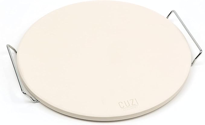 Cuzi Gourmet XL 4-Piece Pizza Stone Set - 15" Thermal Shock Resistant Cordierite Baking Stone, 22" Natural Bamboo Peel & Cutter Rocker - Large Stone for Grill and Oven