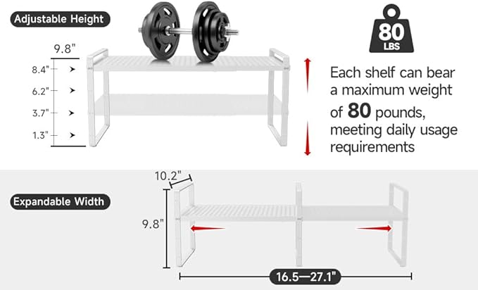 Hole Pattern Expandable Shelf Organizer,1Pack 10.2" Wide Easy to Assemble Cabinet Organizer Shelf, 16.5~27.1" Adjustable Height&Stackable Spice Organization for Cupboard, White