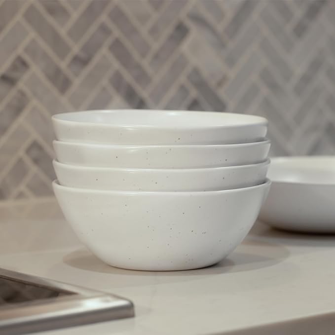 Fable Dinnerware Set - Includes 4 Each of The Dinner + Salad Plates, and The Breakfast Bowls - Dishwasher Safe, Durable Stoneware Ceramic Plates and Bowls - Speckled White