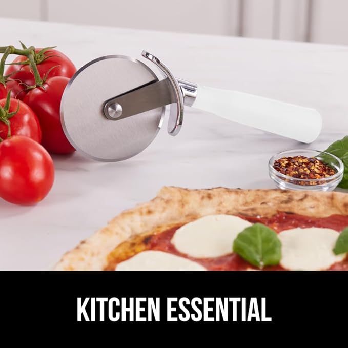 GORILLA GRIP BPA-Free Large Pizza Cutter Wheel, 9 Inch, Sharp Stainless Steel Blade, Slip Resistant Handle with Thumb Guard Protection, Slice Thick or Thin Pizzas, Pie, Pastries in Seconds, White