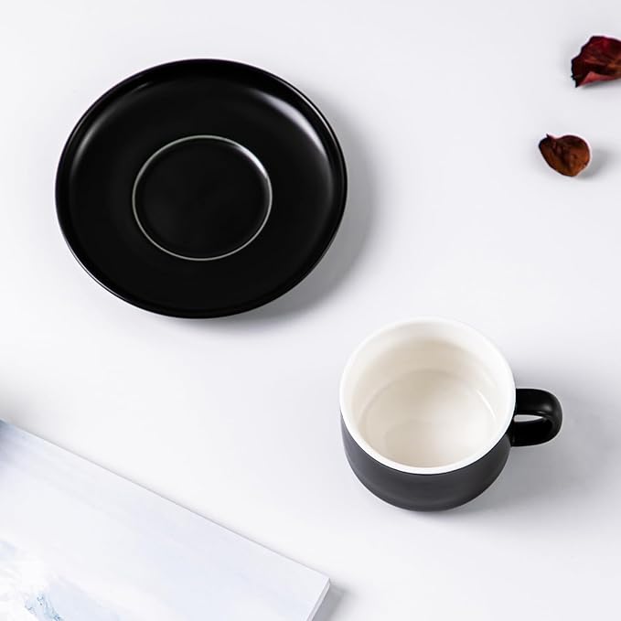 Black Tea Cups and Saucers Set of 4 Porcelain Tea Cups 6.76oz for Tea, Espresso, Latte - Porcelain Mugs for Kitchen or Cafe (black)