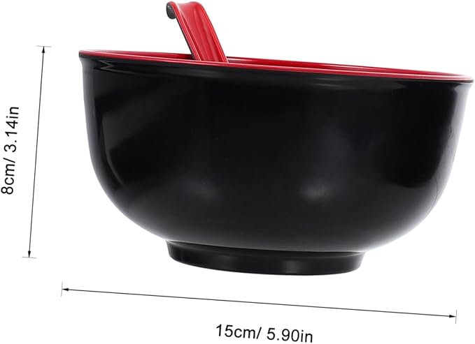 Uonlytech Melamine Ramen Bowl with Spoons Black and Red Multi-function Soup and Rice Bowls Easy-clean Kitchen Tableware for Salad Noodles and Asian Cuisine