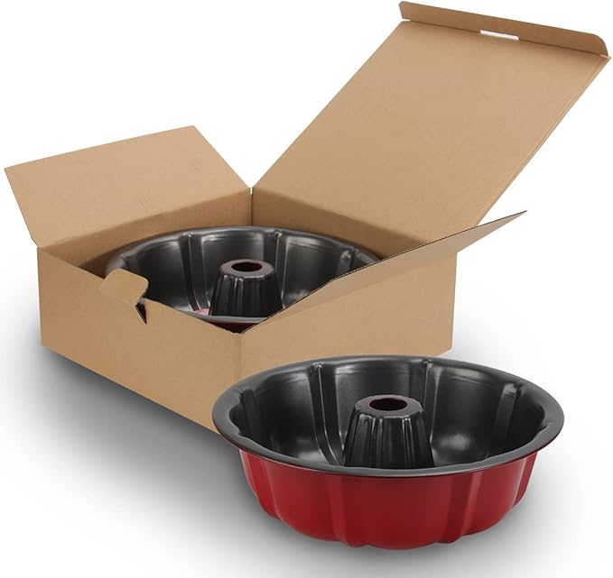 OAMCEG 2 Pack Bunte Cake Pan Nonstick - 10 Inches Fluted Tube Cake Pans for baking, 12 Cups Heavy Duty Carbon Steel Tube Pan Baking Mold for Buntelet, Bavarois, Brownie, Jello, Flan, Meatloaf (Red)