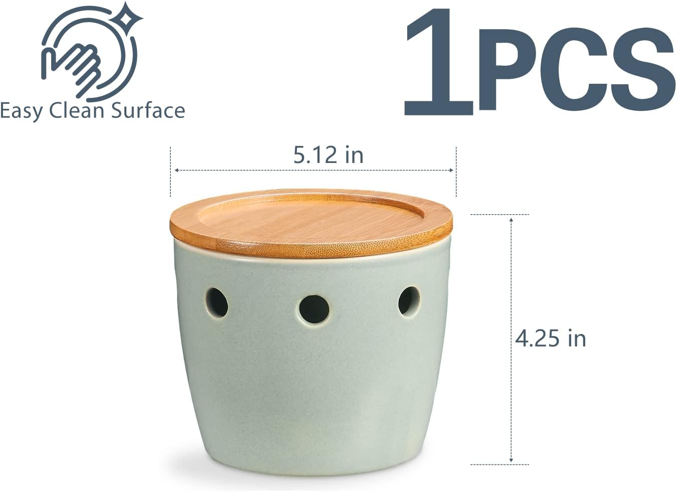 ONEMORE Large Garlic Keeper with Lid, Ceramic Garlic Saver 5 inch, Garlic Keeper for Counter, Light Green