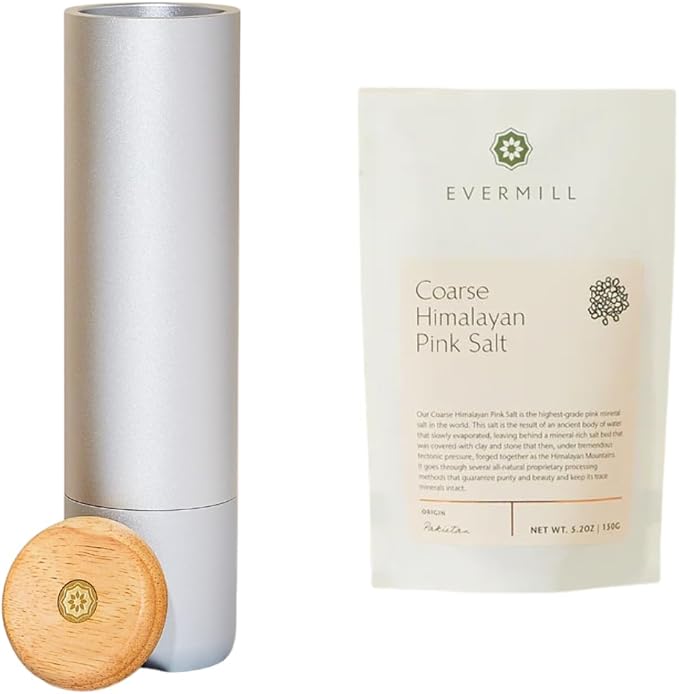 Evermill Premium Salt Mill with Coarse Himalayan Pink Salt, Anodized Aluminum Body, Wooden Cap, 26 Grind Settings, Manual Grinder (Silver)