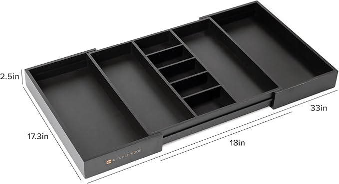 KitchenEdge Adjustable Kitchen Drawer Organizer for Utensils and Junk, Food-Safe Contract Grade with 100% Sustainable Wood, Expandable from 19 to 33 Inches Wide - Black Bamboo