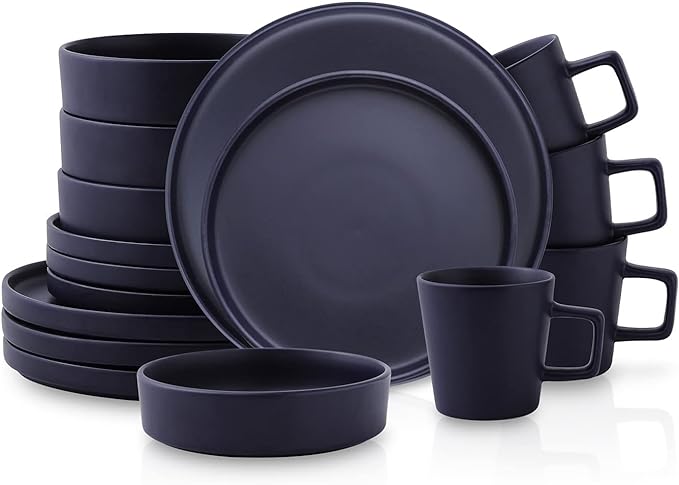 Stone Lain Cleo Modern Stoneware 16-Piece Dinnerware Set, Plates and Bowls Set, Dish Set Service For 4, Dark Blue