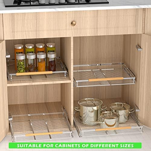 Expandable Pull Out Drawer Cabinet Organizers, Heavy Duty Slide Out Storage Shelf for Home Kitchen Pantry Cupboard Pots Pans, Adjustable Width from 23.2"~39.9", Stainless Steel 2 Pack