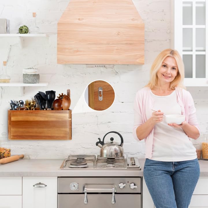 Wooden Kitchen Utensil Holder Organizer for Counter or Countertop, Large Wooden Utensil Holder for Storage Cooking and Silverware with 4 Compartment, Acacia Rustic Wood Container Extra Large