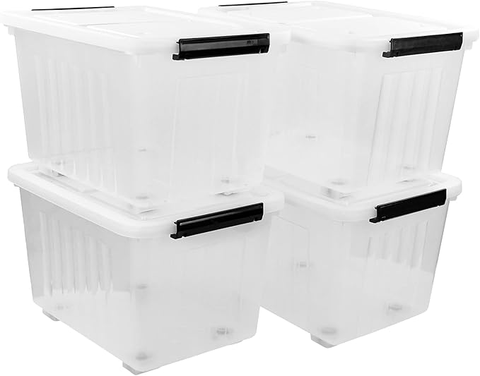 Bringer 4-Pack Large Clear Plastic Storage Box with Lid, 50 L Wheeled Clear Storage Boxes