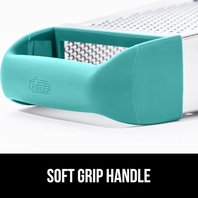 GORILLA GRIP 4-Sided 100% BPA-Free Cheese Grater With Container, Stainless Steel Box Graters, Parmesan Shredder, Grate Cheeses, Shred Veggies, Slip Resistant Handle, Dishwasher Safe Zester, Turquoise