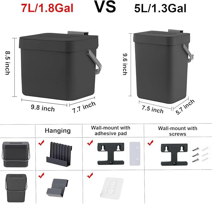 Kitchen Trash Can with Lid, LALASTAR Wall-Mounted Under Sink Small Garbage Can for Kitchen, Bathroom, Compost Bin Countertop, Cabinet Trash Can Hanging, 1.8 Gallon, (Black, 7L)