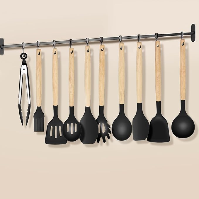 12-Piece Silicone Kitchen Utensils Set with Wooden Handle, Non-Stick & Heat Resistant Cooking Utensils (446°F), Includes Spatula, Spoon, Turner, Tongs, Whisk, Great for Home Cooks-Black