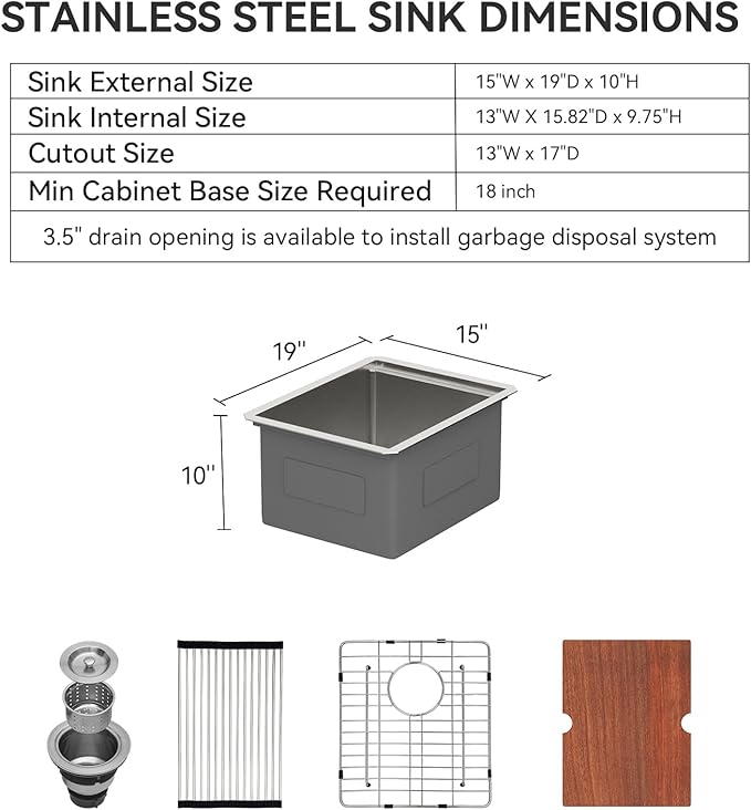 Lordear Undermount Bar Sink 15 x 19 x 10 Inch Kitchen Sink 16 Gauge Stainless Steel Small Sinks Kitchen Single Bowl Workstation with Cutting Board