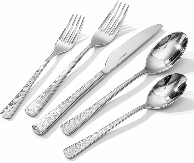 KINGSTONE Hammered Silverware Set, Flatware Set with Serving Utensils, 18/10 Stainless Steel Premium Cutlery with Unique Ripple Handles Design Mirror Polished - Dishwasher Safe (65-Piece)
