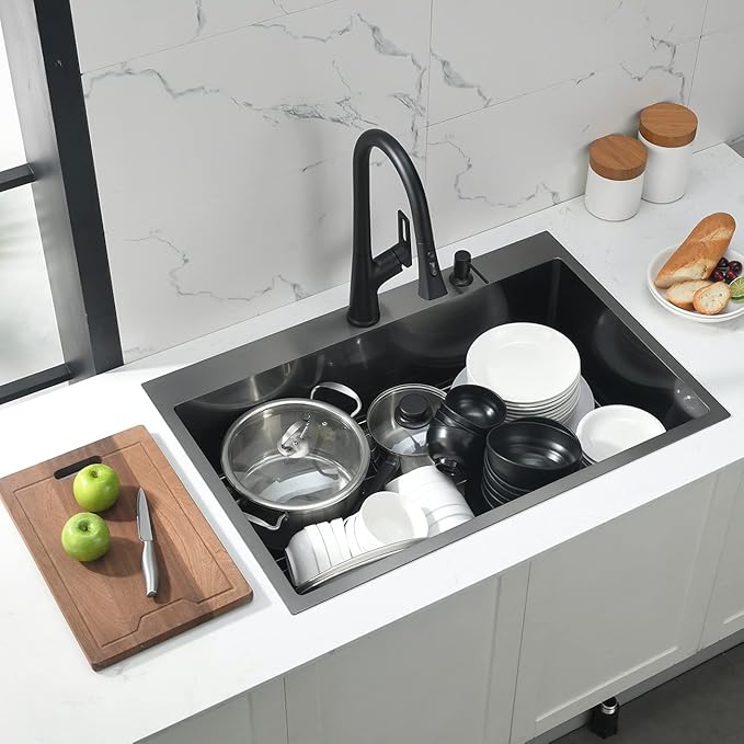 25 Inch Black Drop In Kitchen Sink, Doirteal 25 x 22 x 10 Inch Matte Black Bar Sink Topmount 16 Gauge Stainless Steel Single Bowl Kitchen Sinks Single Basin with Bottom Grid