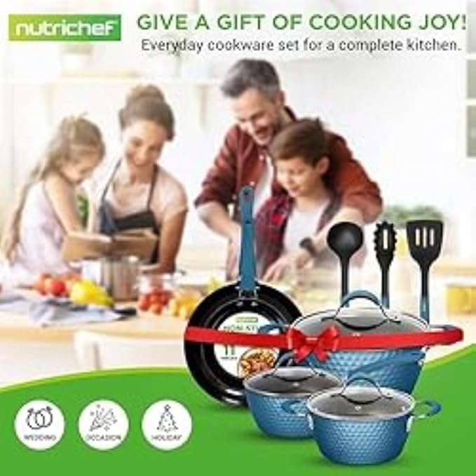 NutriChef 11 Pc Pots and Pans Set Non Stick Cookware with Ceramic Coating, Ergonomic Handles, Induction Ready, Includes Saucepan, Dutch Oven, Large & Small Fry Pans, Royal Blue